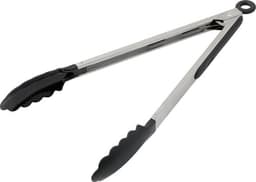 Stainless steel tongs with black silicone grips, featuring a loop for hanging.