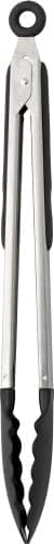 Stainless steel tongs with black silicone grips, featuring a pivot design for easy handling. Includes a logo.