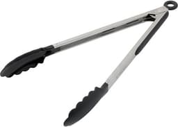 Stainless steel tongs with black rubber grips for easy handling. Features a sleek, shiny finish and a loop for storage.