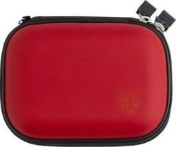 A red first aid kit with a zip closure, featuring a logo on the front. Its compact design allows for easy storage.