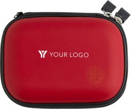 A red EVA first aid kit with a zip closure and a logo on the front.