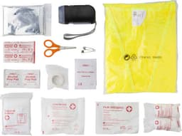 A yellow emergency first aid kit containing various bandages, alcohol pads, scissors, and safety items, with a branded logo.