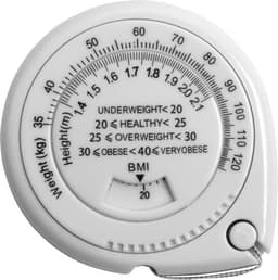 A white ABS BMI tape measure with a circular design, featuring weight and height indicators, and a logo.
