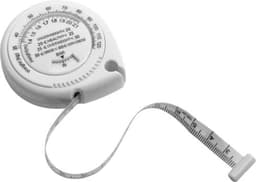 A white ABS BMI tape measure featuring a retractable measuring tape with clear measurements.