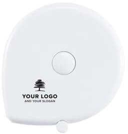 A white ABS BMI tape measure with a round button and a branded logo on the surface.