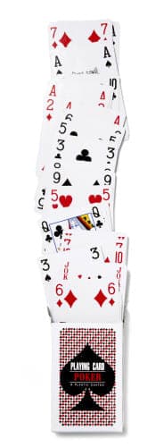 A cardboard box containing a deck of playing cards in red, black, and white. The box has branding on it.