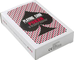 A cardboard box containing plastic-coated playing cards with a red and black spade design. The box includes a logo.