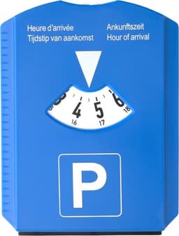 A blue plastic 2-in-1 parking disc with a dial for indicating time and a parking symbol.