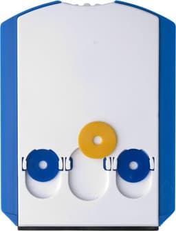 A blue and white plastic 2-in-1 parking disc with yellow and blue discs attached. It features a logo.