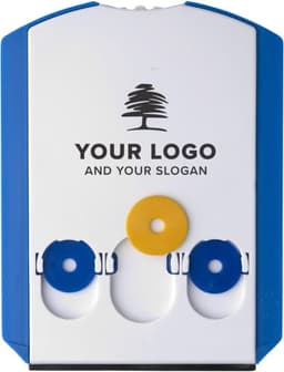 A plastic 2-in-1 parking disc in blue and white, featuring a yellow and blue disc with a logo.
