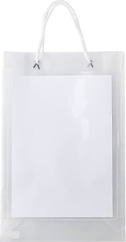 A clear PP bag with a white card inside and white handles, featuring a logo.
