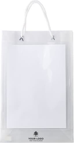 A clear PP bag with white handles, featuring a prominently displayed blank white insert and a logo on the bottom.