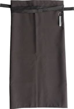 A dark grey 100% polyester apron with a strap and a clip, featuring a logo.