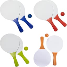 A wooden bat and ball set featuring four paddles in blue, red, green, and orange, accompanied by two matching balls.