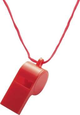 A red whistle with a matching red lanyard, designed as a novelty item for fun and games.