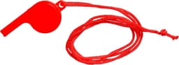 A red whistle attached to a red lanyard, ideal for novelty and sporting activities.