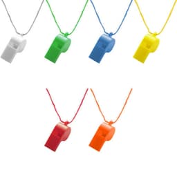 A collection of colourful plastic whistles on cords, featuring white, green, yellow, orange, red, and blue options.