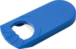 A blue plastic bottle opener with a rounded end and a serrated edge, featuring a logo.