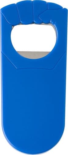 A drink bottle opener in blue, featuring a rounded handle and a circular opening. It has a logo on the surface.