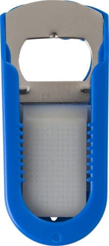 A drink bottle opener with a blue plastic casing and a metallic bottle opener section. It features a logo on the casing.