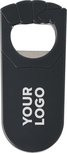 A black plastic bottle opener with a circular opening and a logo on the front.
