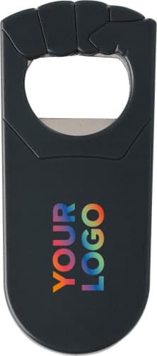 A drink bottle opener in black plastic featuring a circular opening and a logo printed in vibrant colours.