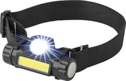 A black headlight with an adjustable strap, featuring a bright light and a wide beam area.