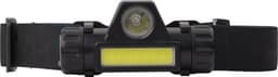 A black ABS headlight with a central LED light and a yellow strip, mounted on an adjustable black strap.