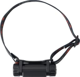 A black ABS headlight with a flexible strap, featuring red accents for enhanced visibility.