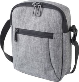 A grey polyester shoulder bag with a front zip pocket and an adjustable strap. It features a logo on the surface.