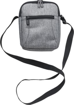 A grey polyester shoulder bag with a black strap and zippered front pocket.