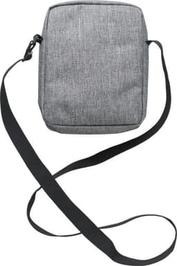 A grey polyester shoulder bag with a long adjustable strap and a simple, sleek design.