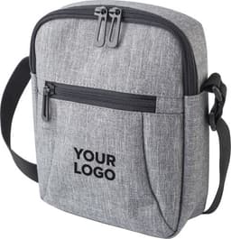 A grey polyester shoulder bag with a zippered main compartment and an adjustable strap, featuring a logo on the front.