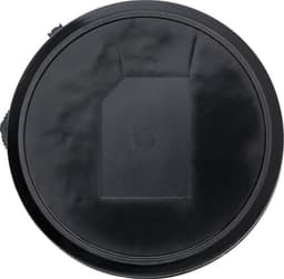 A black circular base with a smooth finish. The design features a small rectangular section on one side.