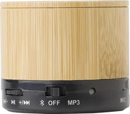 A bamboo wireless speaker featuring a sleek design with black controls at the base for Bluetooth and playback functions.