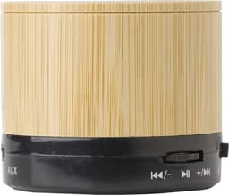 A bamboo wireless speaker featuring a cylindrical design with black accents and control buttons at the base.