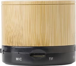 A bamboo wireless speaker with a sleek cylindrical design and a black base, featuring ports on the bottom.
