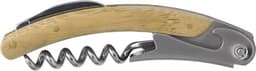 A drink bottle opener featuring a stainless steel body and a bamboo handle. The design includes a corkscrew and a logo.