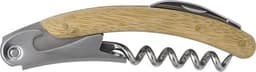 A drink bottle opener featuring a bamboo handle and a stainless steel corkscrew. It includes a small logo.