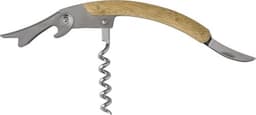 A drink bottle opener with a bamboo handle, featuring a corkscrew and a knife blade, in silver and natural wood tones.