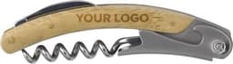 A drink bottle opener with a bamboo handle and stainless steel components, featuring a logo.