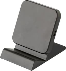 A sleek black plastic wireless charger with a standing design and a single USB-C port.