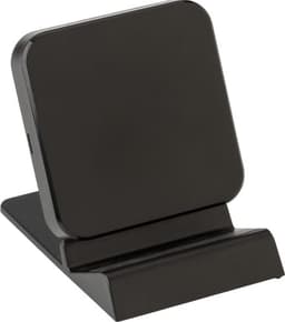A black plastic wireless charger with a sleek, stand-up design, featuring a smooth surface and a branding logo.