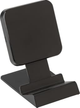A black plastic wireless charger with a sleek design, featuring a stand for easy device placement.