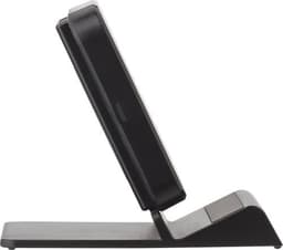 A black plastic wireless charger positioned at an angle, featuring a sleek, modern design and a branding logo.