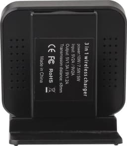 A black wireless charger with a compact design, featuring a logo and multiple ventilation holes on the sides.