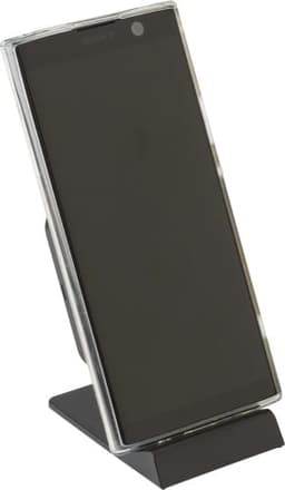 A sleek black wireless charger in an upright position, designed for smartphones. The charger features a minimalistic design.