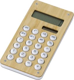 A bamboo calculator with a white keypad and an LCD display, featuring a logo on its surface.