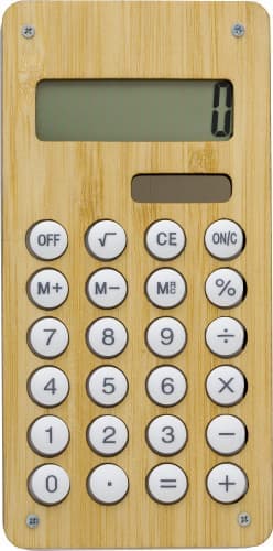 A bamboo calculator featuring a large display and white buttons, designed for office and business use.