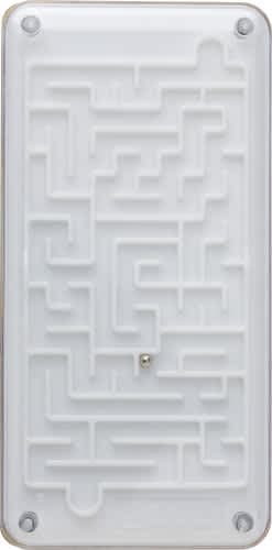 A bamboo calculator with a smooth white surface featuring a maze design and a small metal ball.